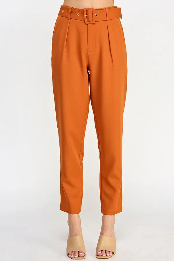 Rust High Waist Pants With Belt Detail