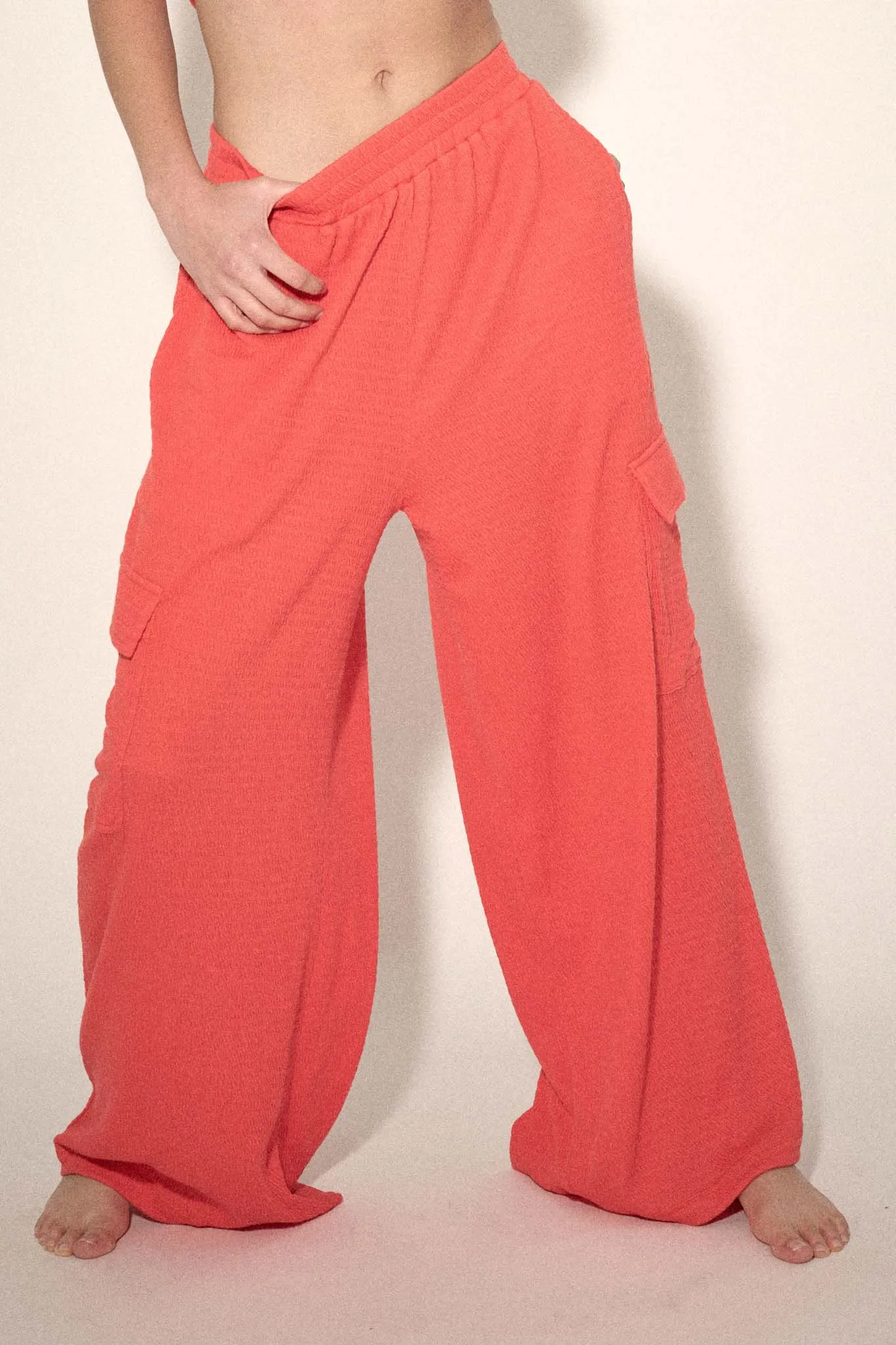 Smocked Jersey Wide-Leg Cargo Lounge Pants