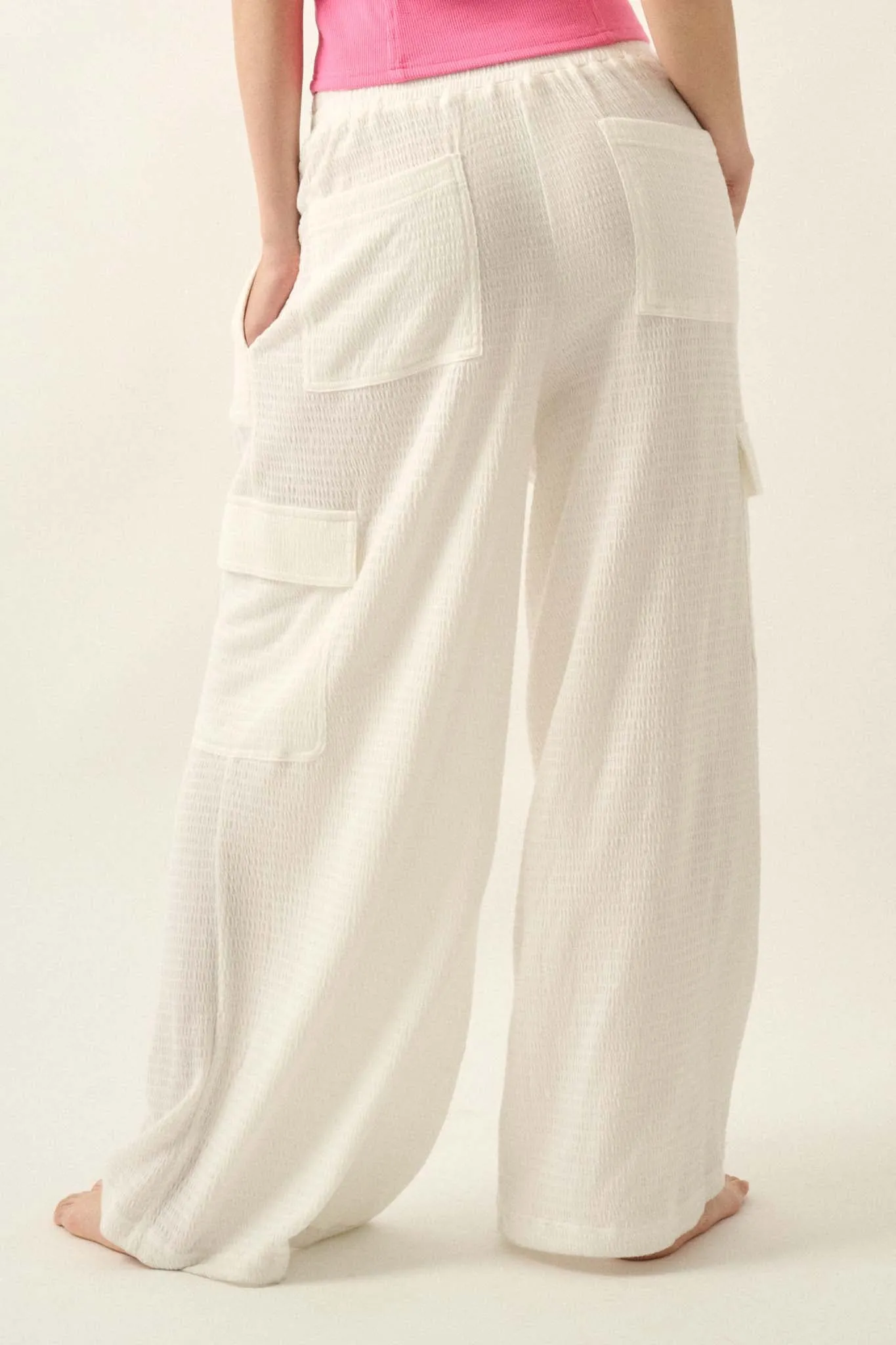 Smocked Jersey Wide-Leg Cargo Lounge Pants