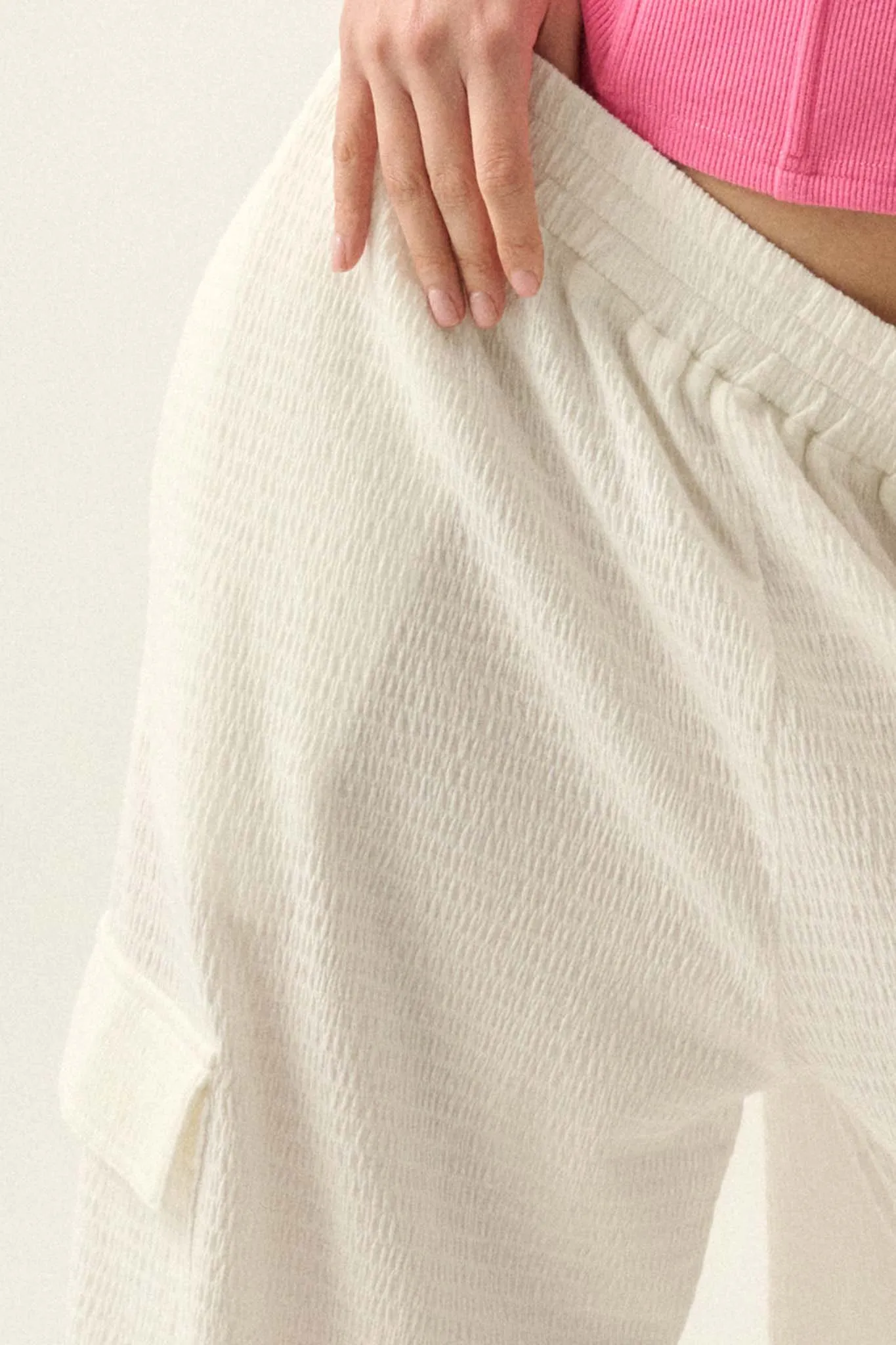 Smocked Jersey Wide-Leg Cargo Lounge Pants