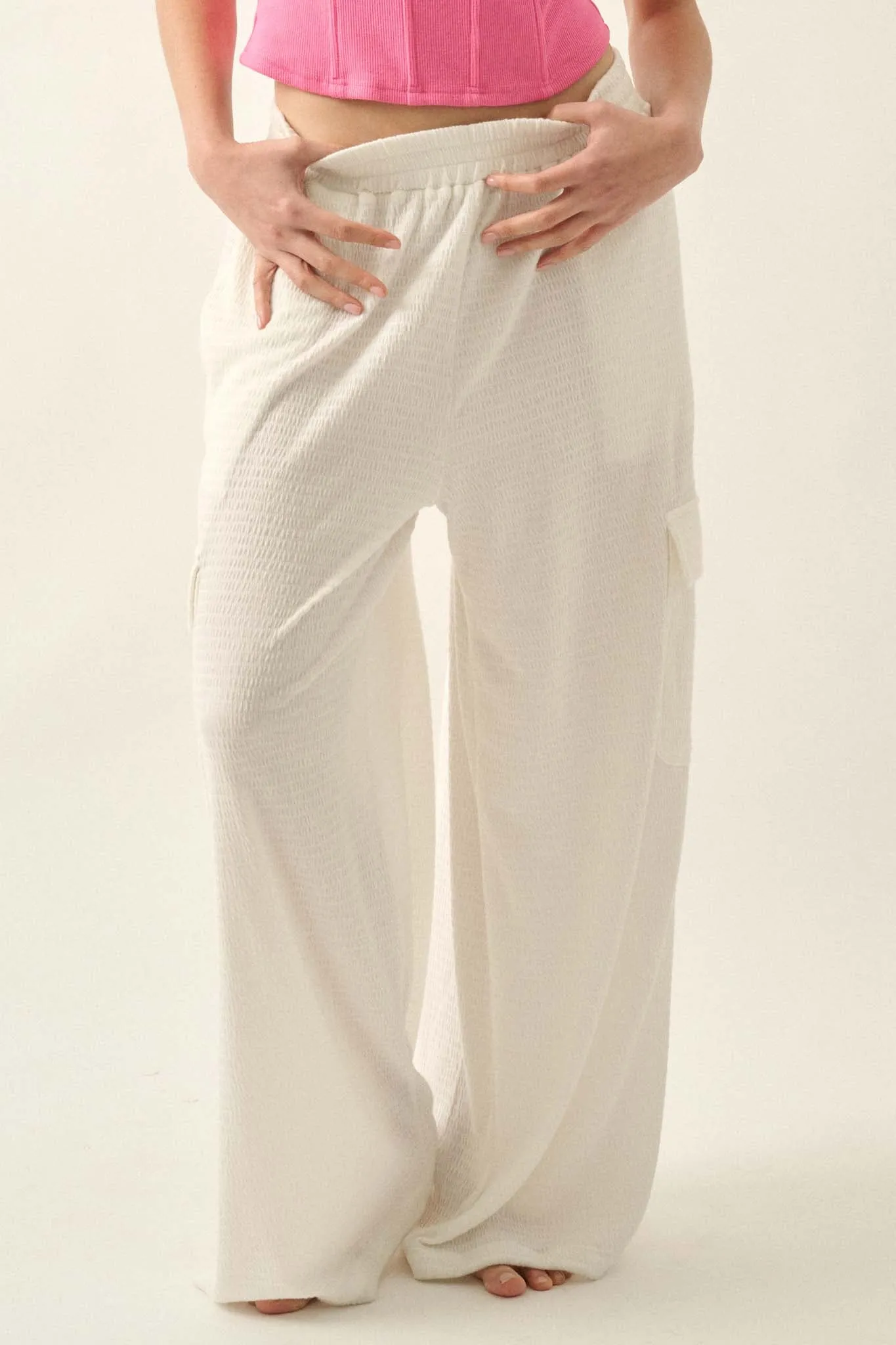 Smocked Jersey Wide-Leg Cargo Lounge Pants