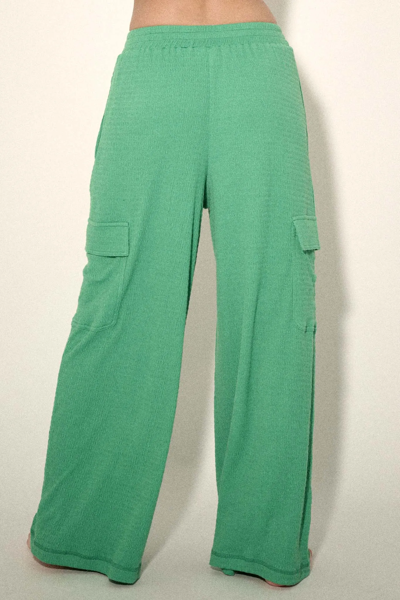 Smocked Jersey Wide-Leg Cargo Lounge Pants