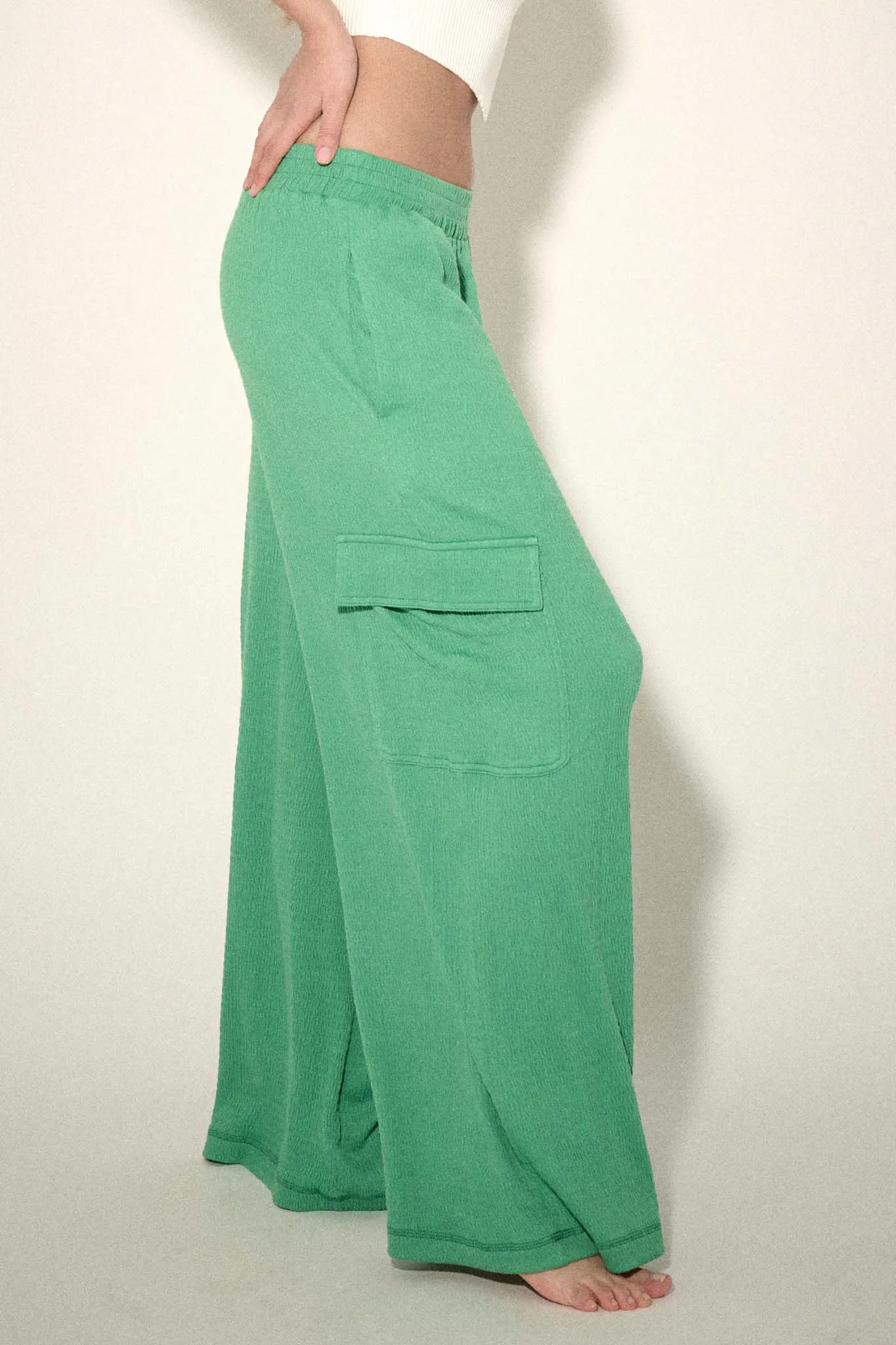 Smocked Jersey Wide-Leg Cargo Lounge Pants