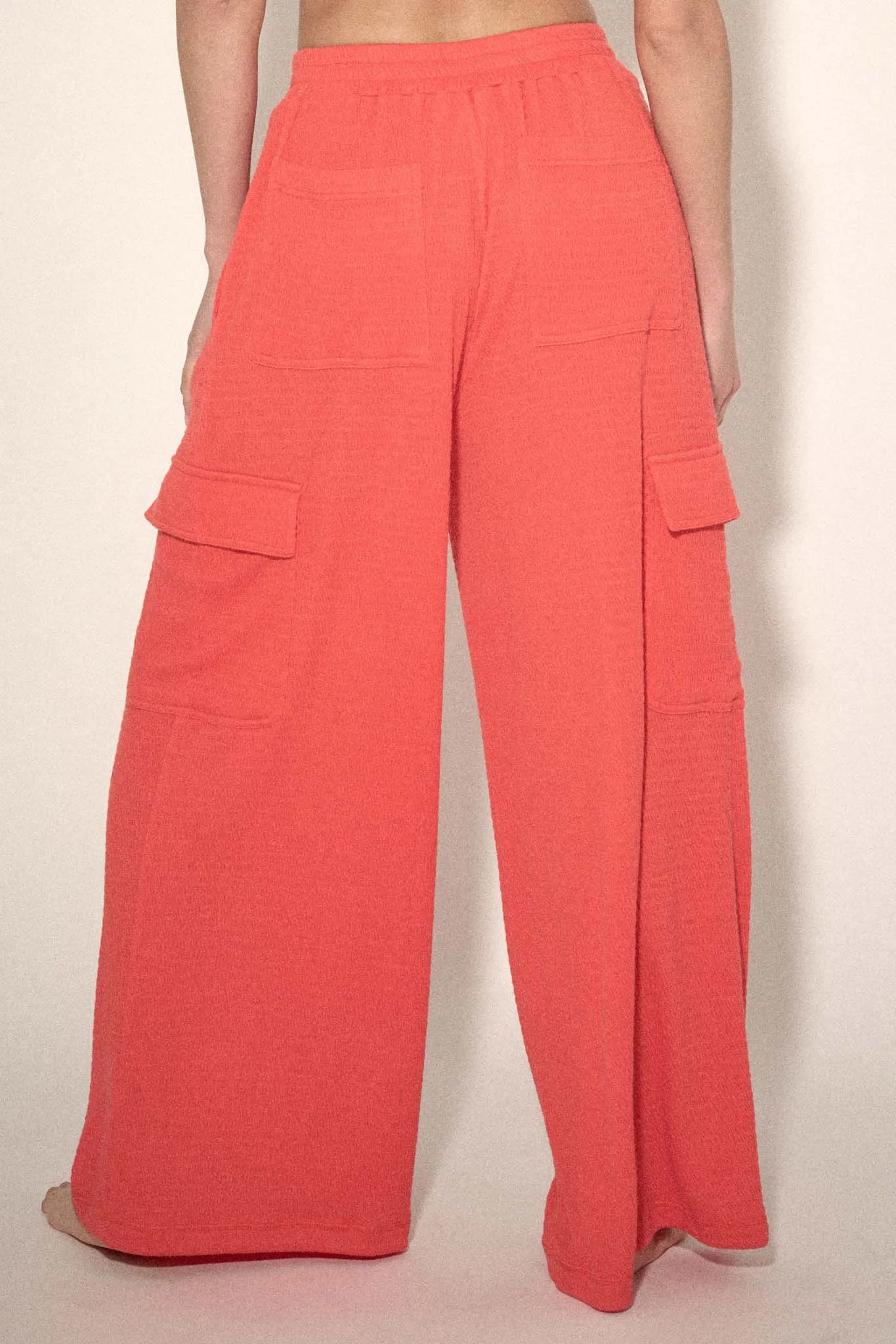 Smocked Jersey Wide-Leg Cargo Lounge Pants