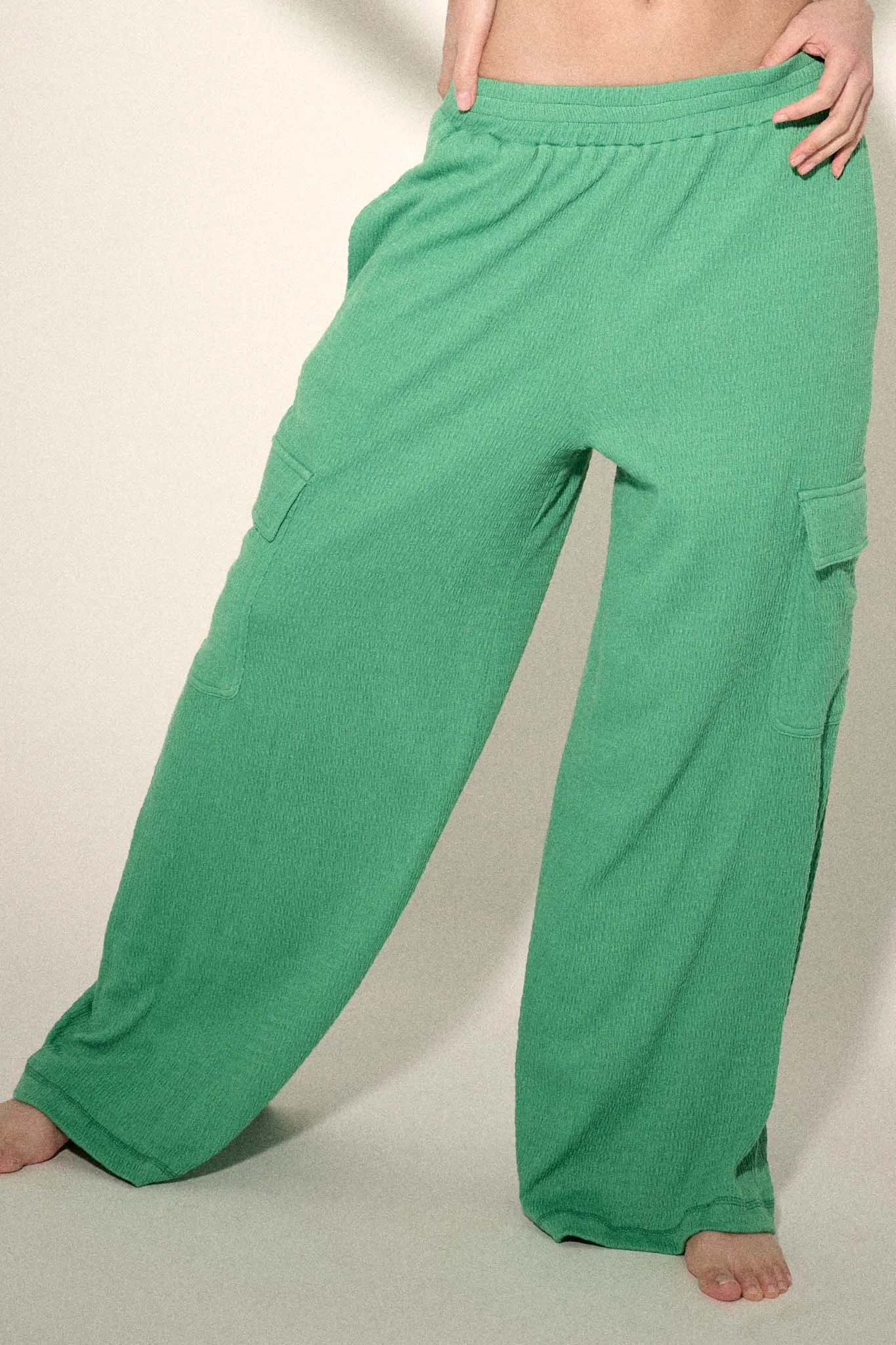 Smocked Jersey Wide-Leg Cargo Lounge Pants