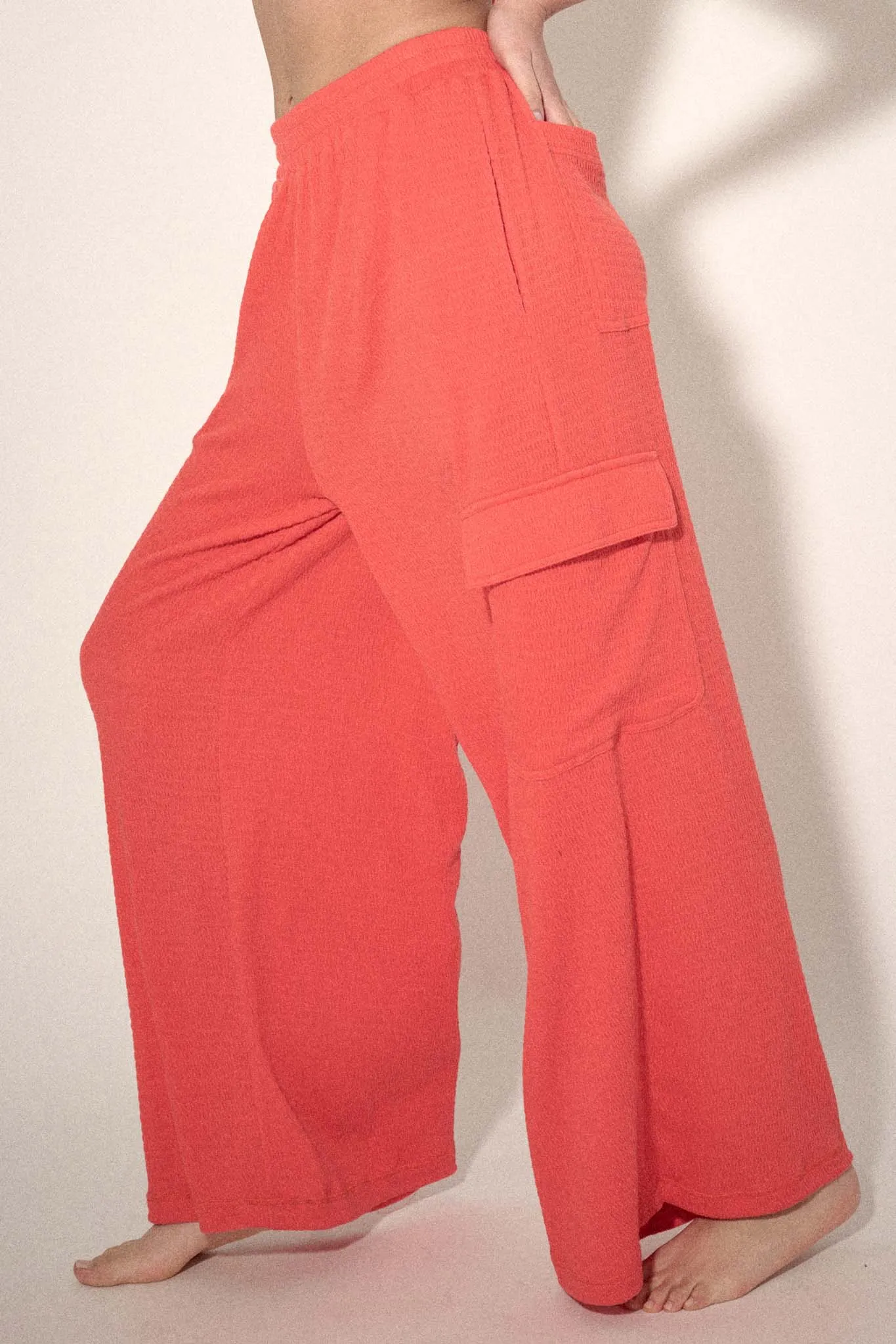 Smocked Jersey Wide-Leg Cargo Lounge Pants