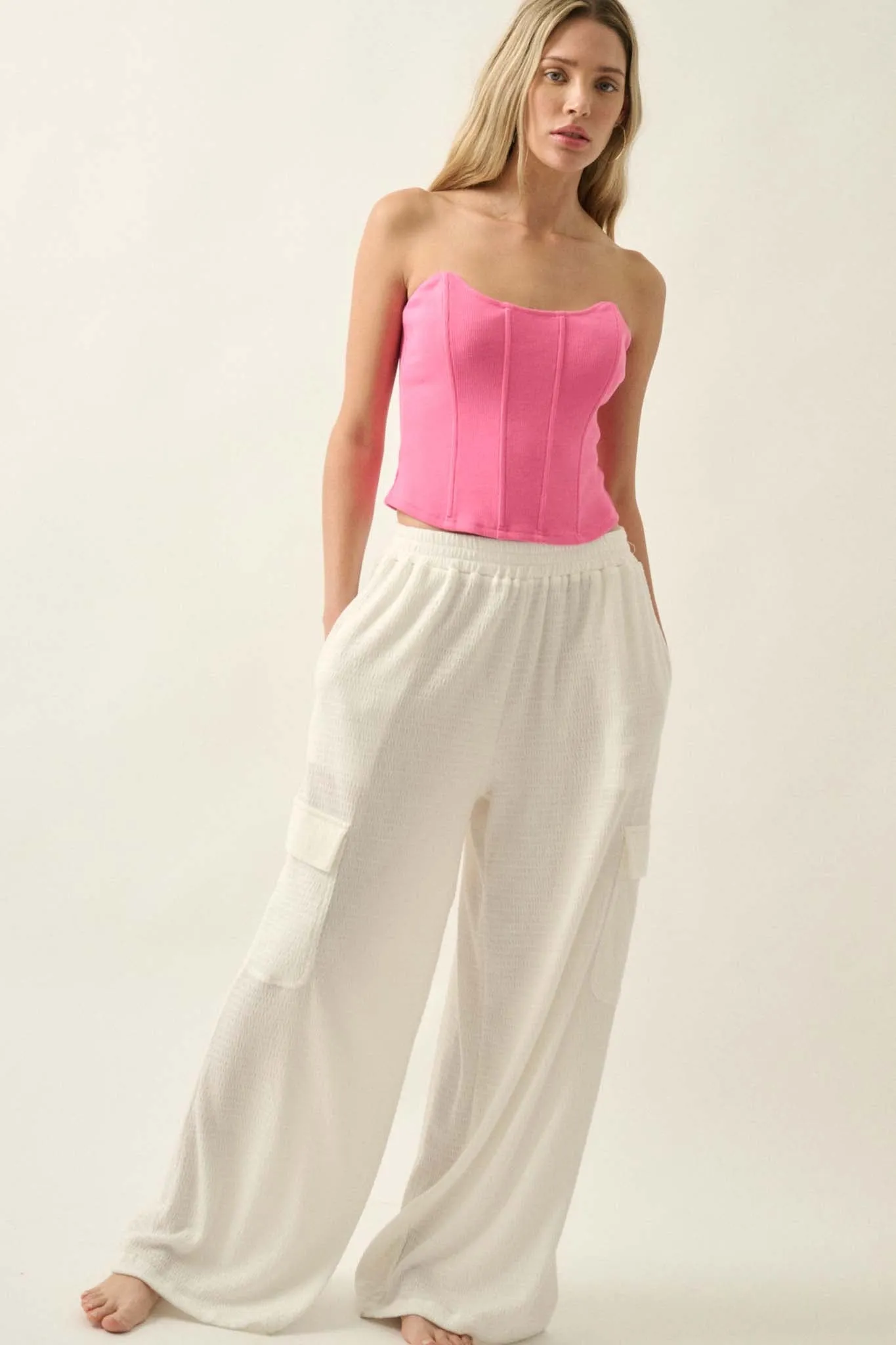 Smocked Jersey Wide-Leg Cargo Lounge Pants