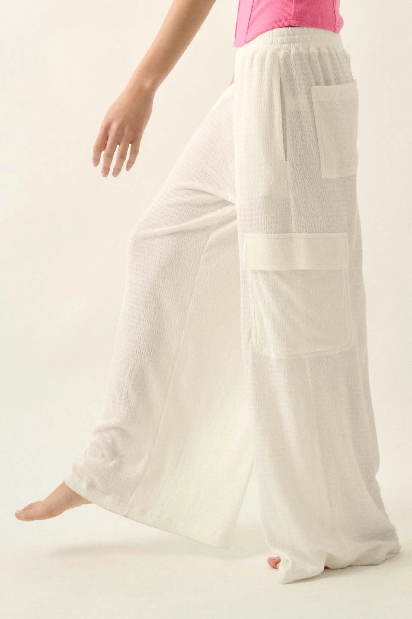 Smocked Jersey Wide-Leg Cargo Lounge Pants