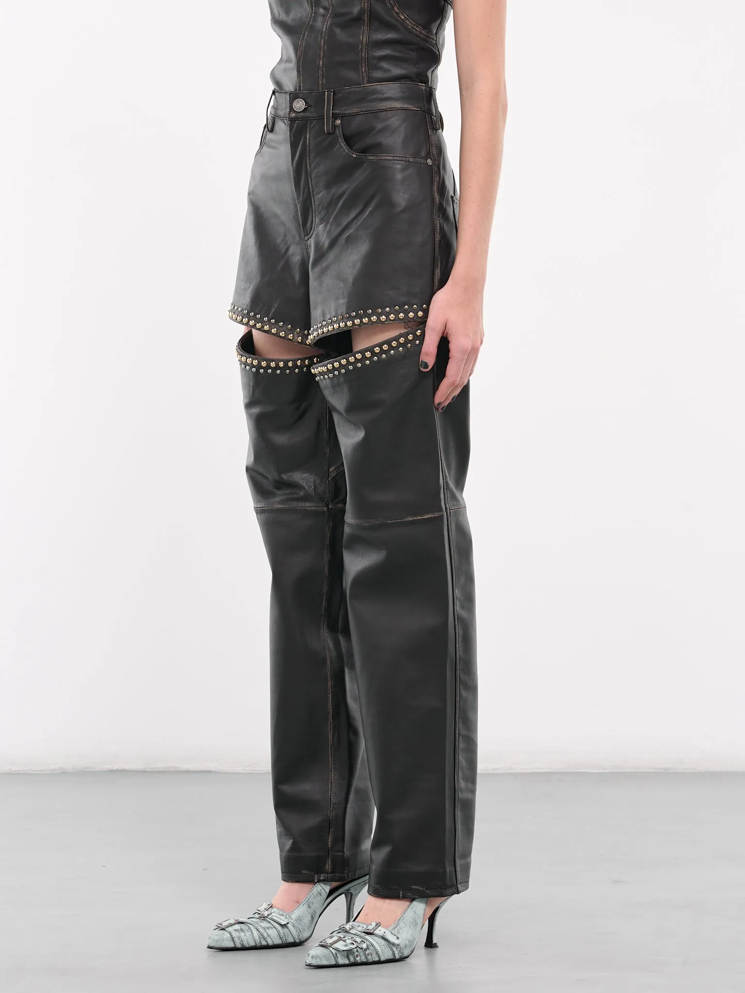 Studded Leather Slit Trousers (PA0039LE01-BLACK)