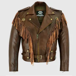 Vintage Brown Biker Fringe Leather Jacket - Tassle Concho Premium Motorcycle