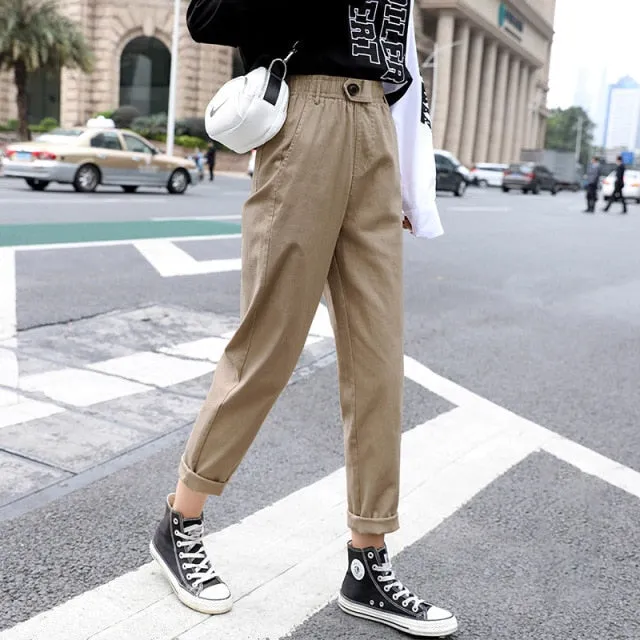 Womens Straight Casual Pants Fashion Overalls Korean High Waist Leisure Harem Pants Loose Elastic Waist Pants Women Trousers