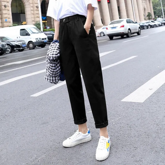 Womens Straight Casual Pants Fashion Overalls Korean High Waist Leisure Harem Pants Loose Elastic Waist Pants Women Trousers