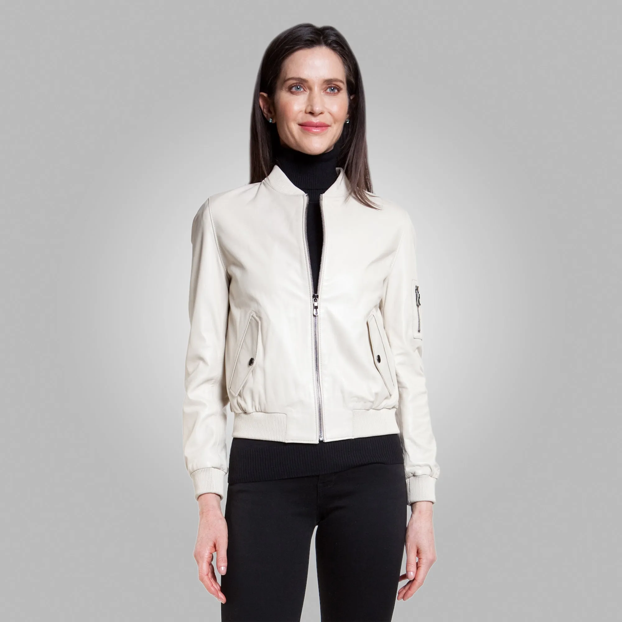 Women’s White Leather Bomber Jacket